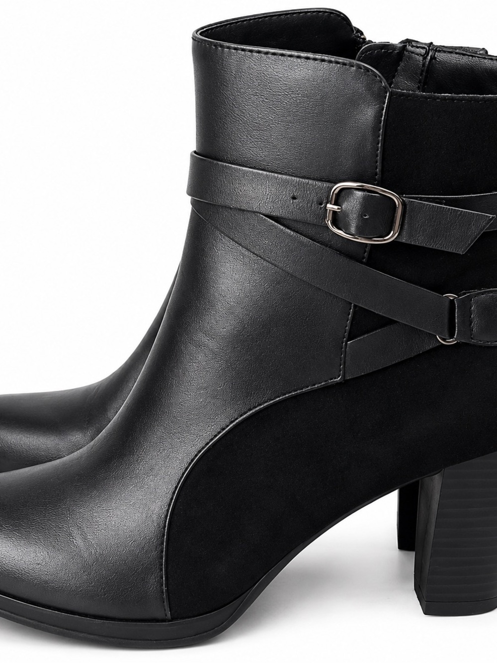 Andrew Geller Black Leather & Suede Ankle Boot with Buckle Strap